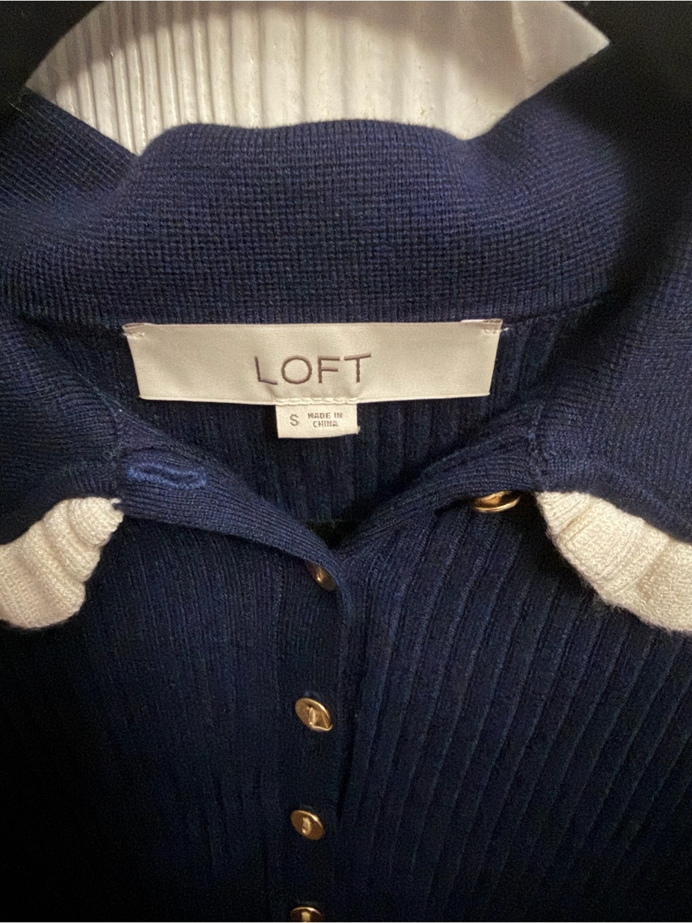 LOFT Navy Blue Ruffle Trim Knit Polo Sweater Small - Picture 3 of 10